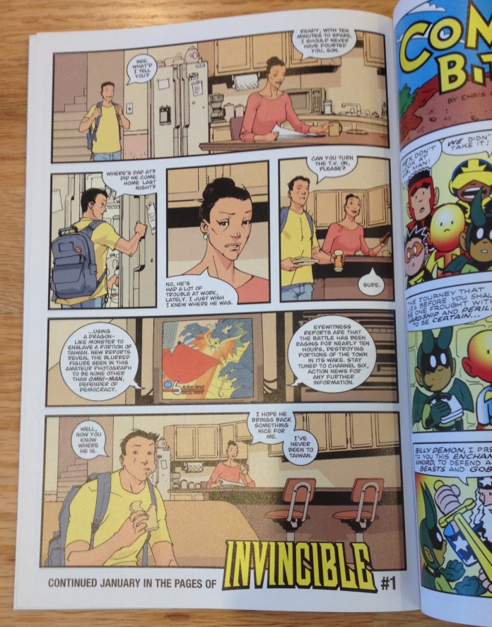 Continued January in the pages of Invincible #1.  If it is CONTINUED in January, then it STARTED in August, in Savage Dragon #102.